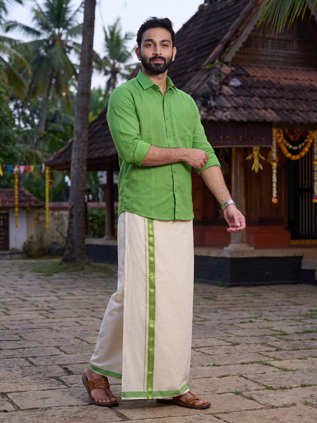 Double Layer 100% Cotton Cream Kora Dhoti with Colour Border - CGJ01