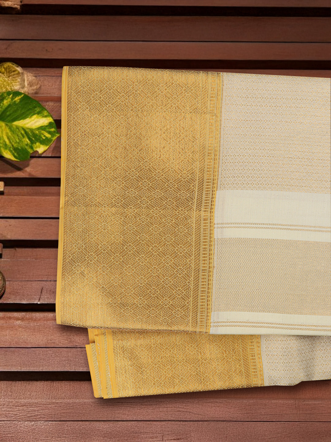 Men Premium Pure Silk Cream Dhoti & Towel Set with 6" inch Gold Jari Border Amirtham AM16