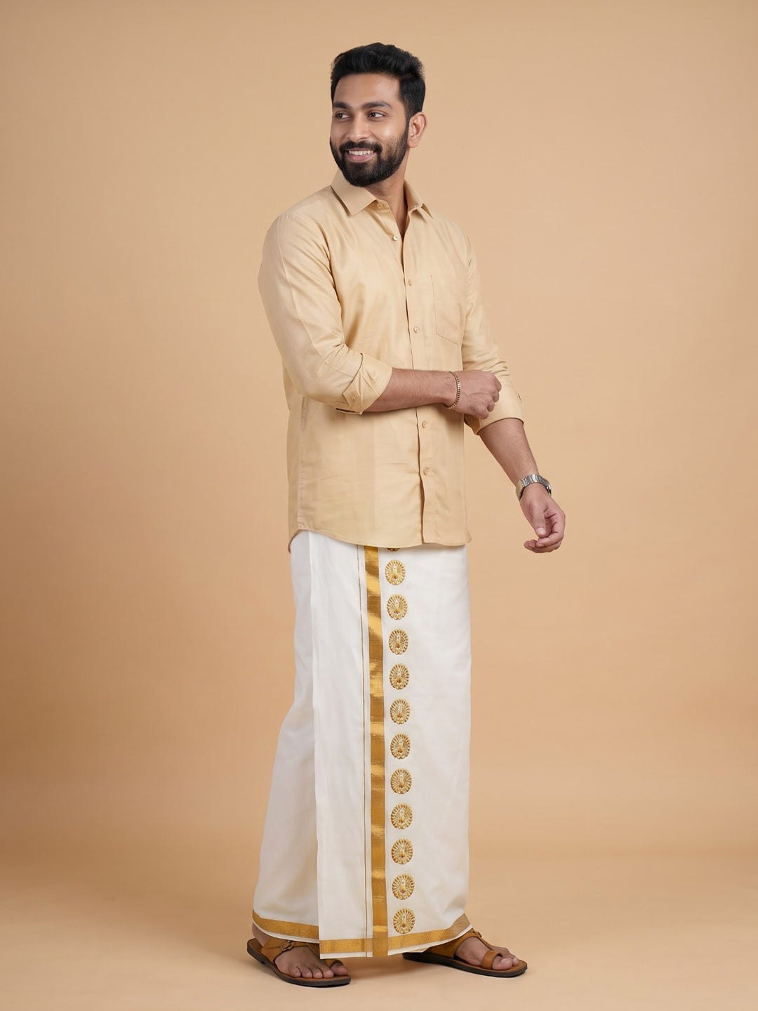 Double Layer Cotton Cream Dhoti with Colour Jari Border - GCC01