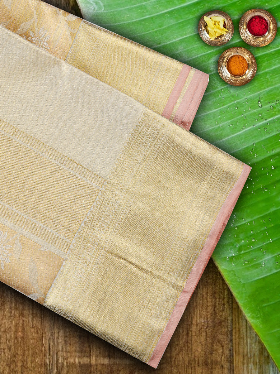 Premium Pure Silk Tissue Jari Dhoti With Angavastram 5" Gold Jari Border Agarshanaa-View two