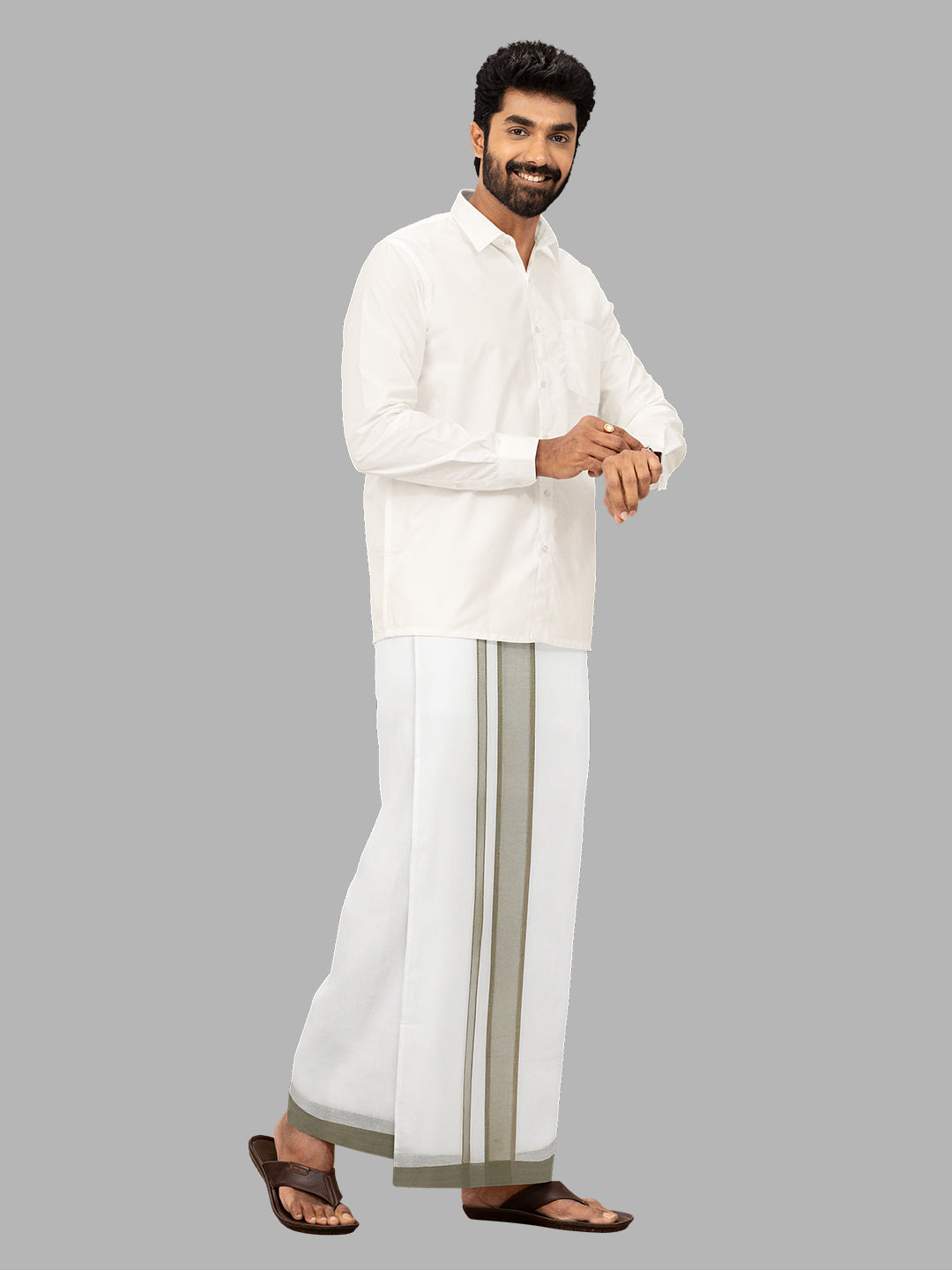 Men Green Fancy Border Double Layer White Dhoti RP4