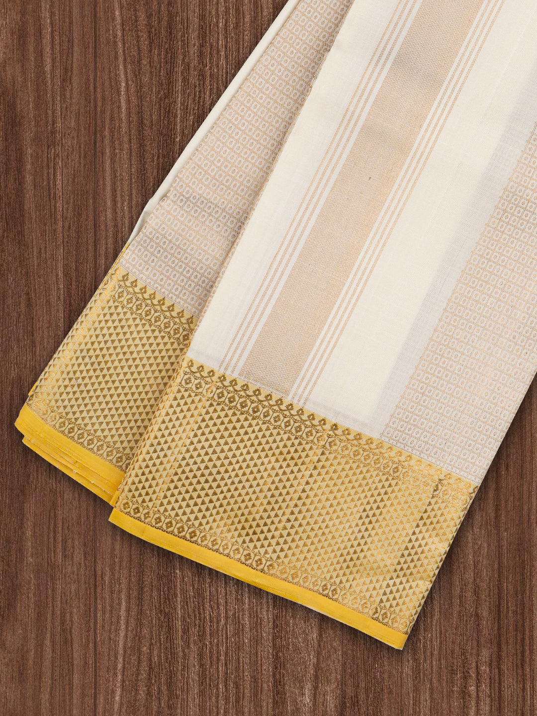 Men Premium Pure Silk Dhoti & Towel Set with 6" inch Gold Jari Border Amirtham