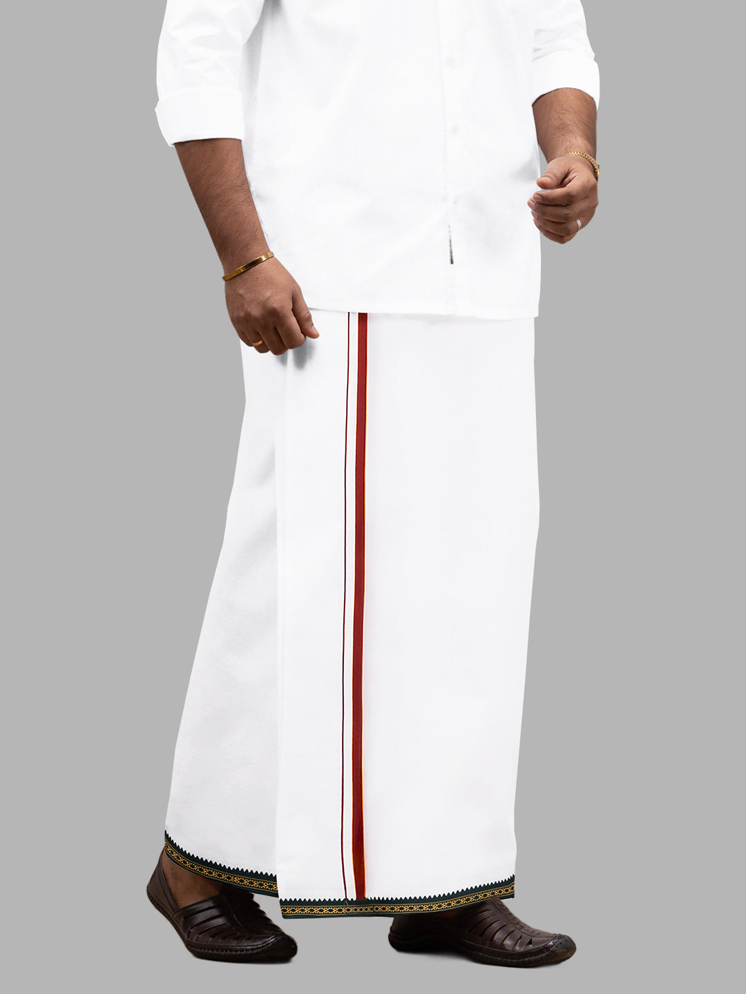 Men Cotton Blend Single Layer White Dhoti with Mayilkhan Border