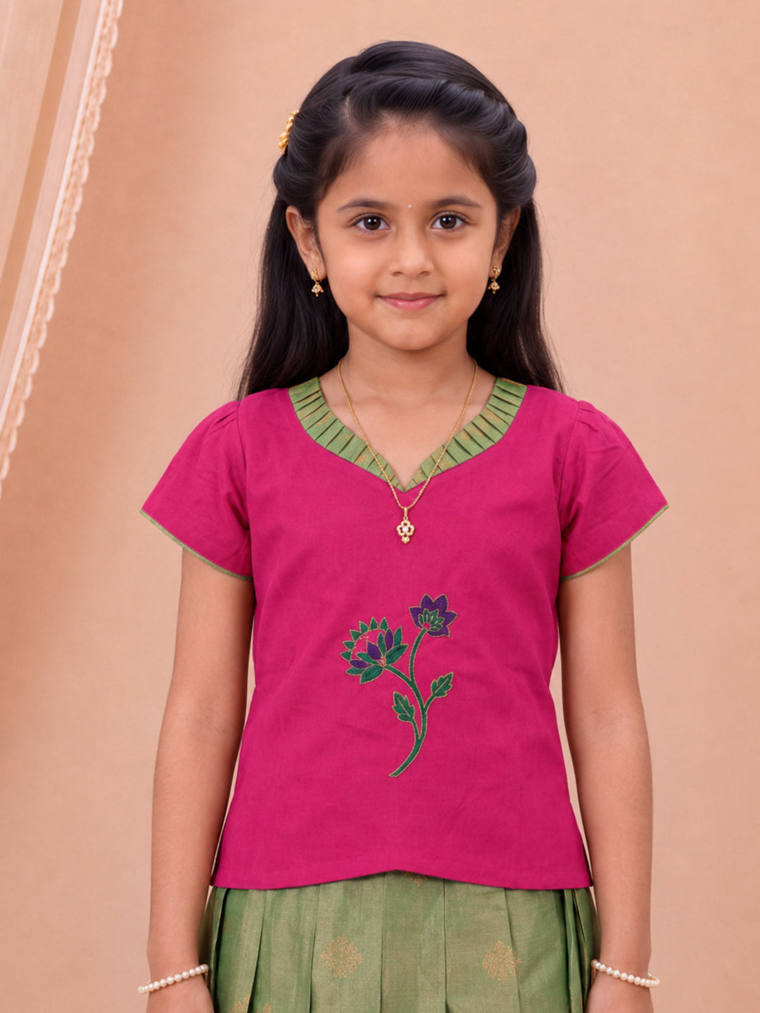 Girls Tissue Pink with Green Pattu Pavadai Set GPS66
