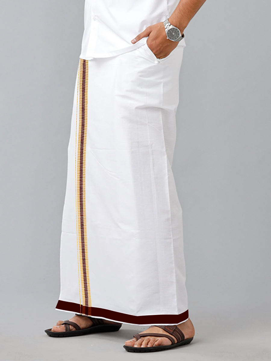 Mens Smart Look White Adjustable Pocket Dhoti with Brown fancy Border