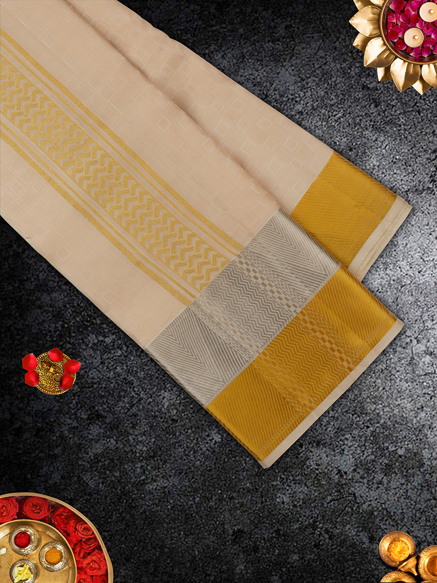 Pure Silk Dark Cream 3" Gold & Siver Jari Border Dhoti With Towel Thirukalyan-View three