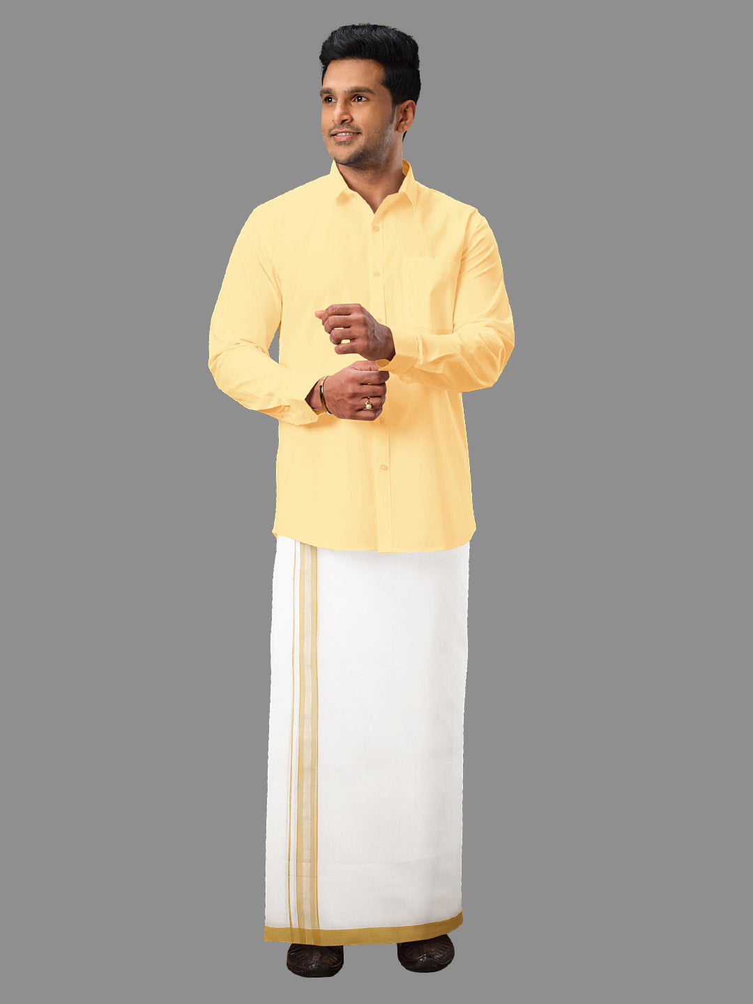 Mens Mustard Fancy Jari Border Double Dhoti RSF05