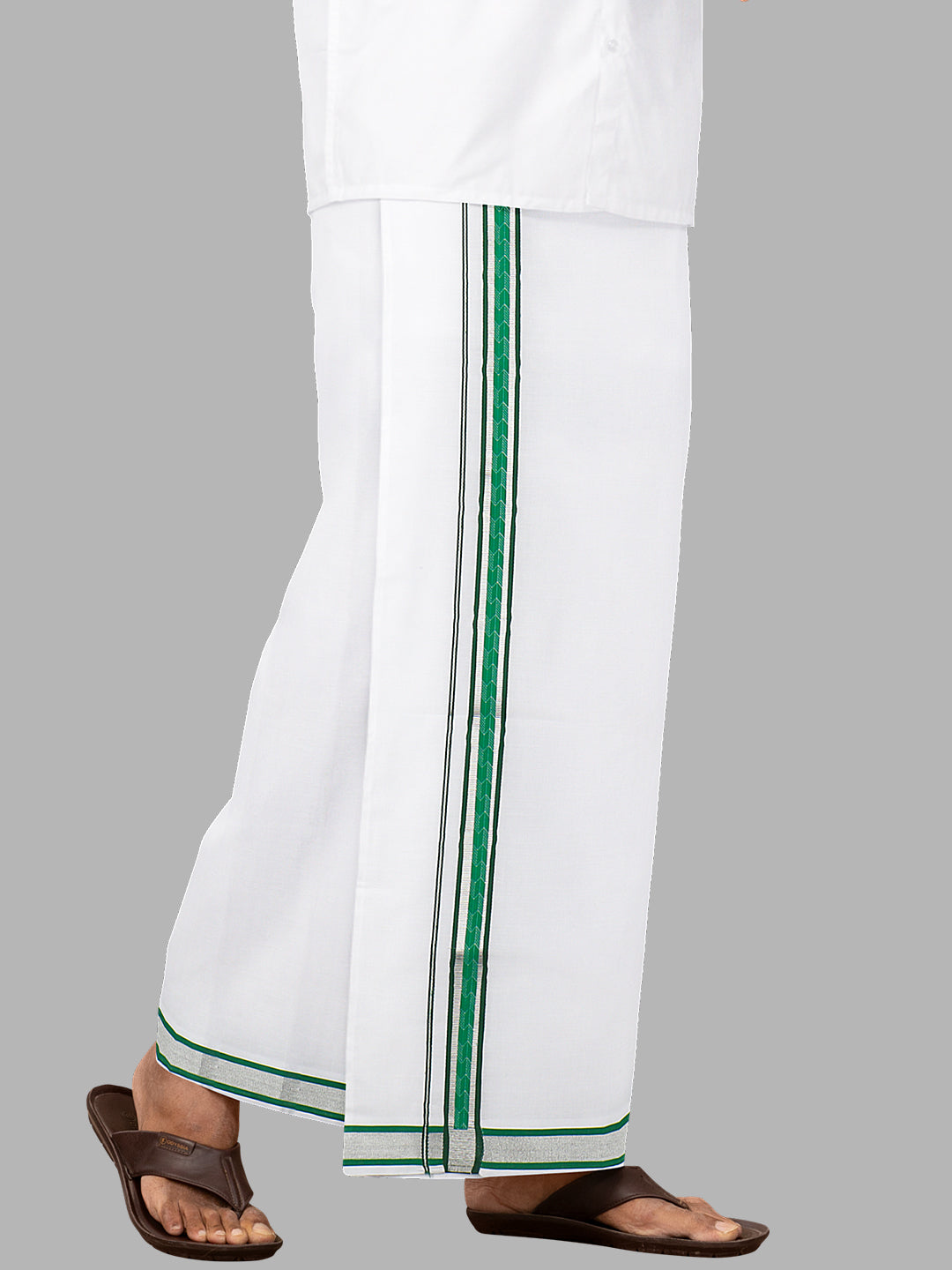 Men Green Fancy Jari Border Single Layer White Dhoti LW01