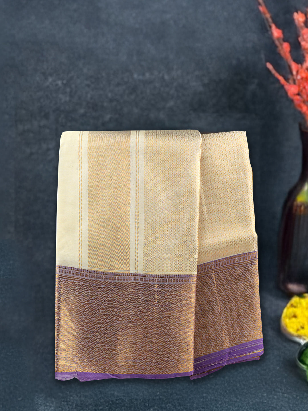 Men Premium Pure Silk Dhoti & Towel Set with 6" inch Gold Jari Border Amirtham AM9