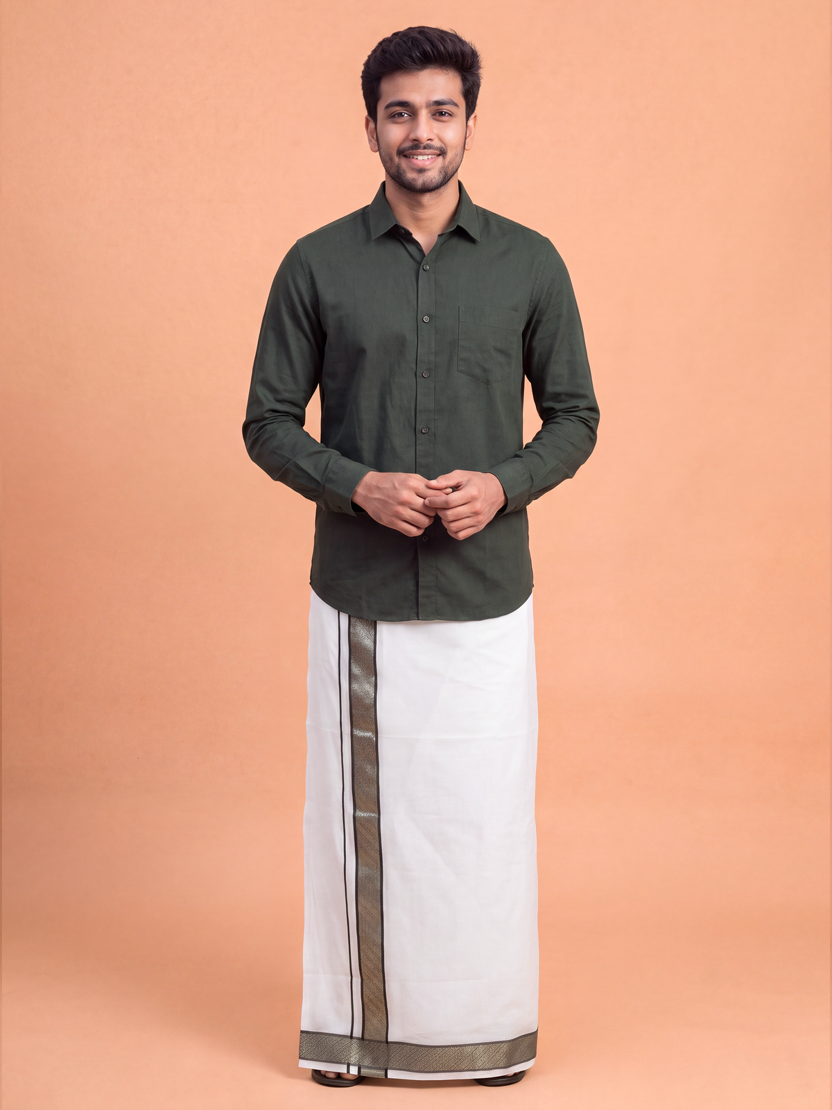 100% Cotton Dark Green Shirt and Colour Jari Border Dhoti Set BT10