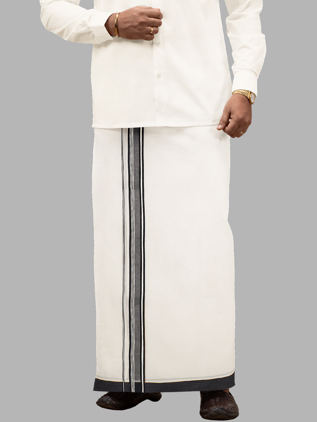 Men Navy Fancy Border Double Layer White Dhoti RF03