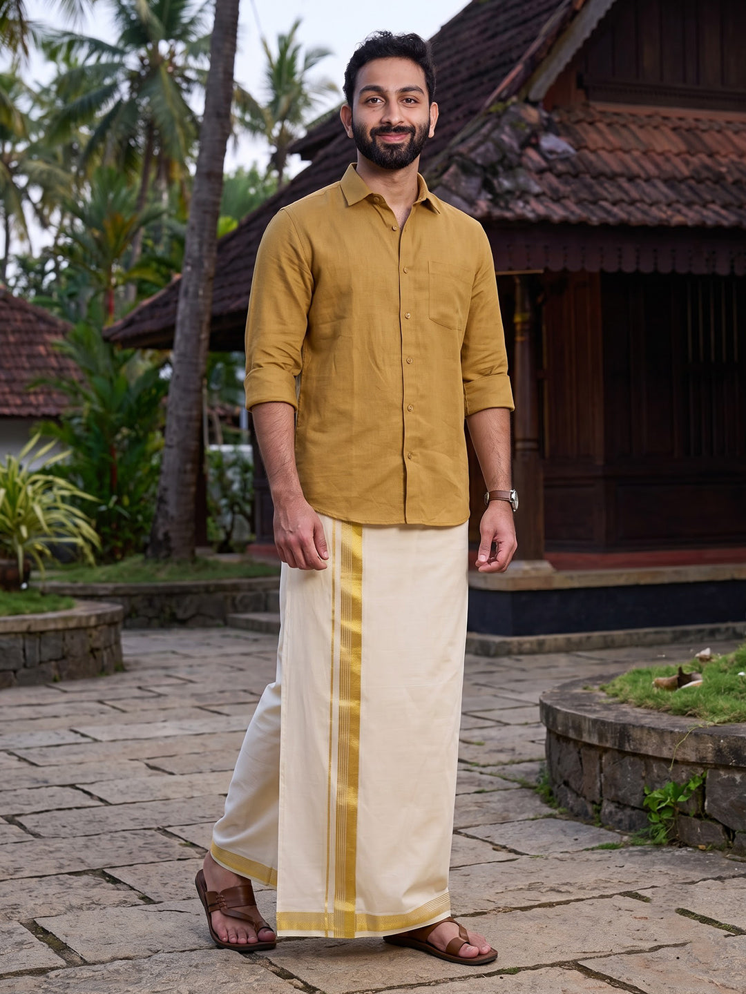Double Layer Premium Handloom Cream Dhoti with Jari Border - HLM118