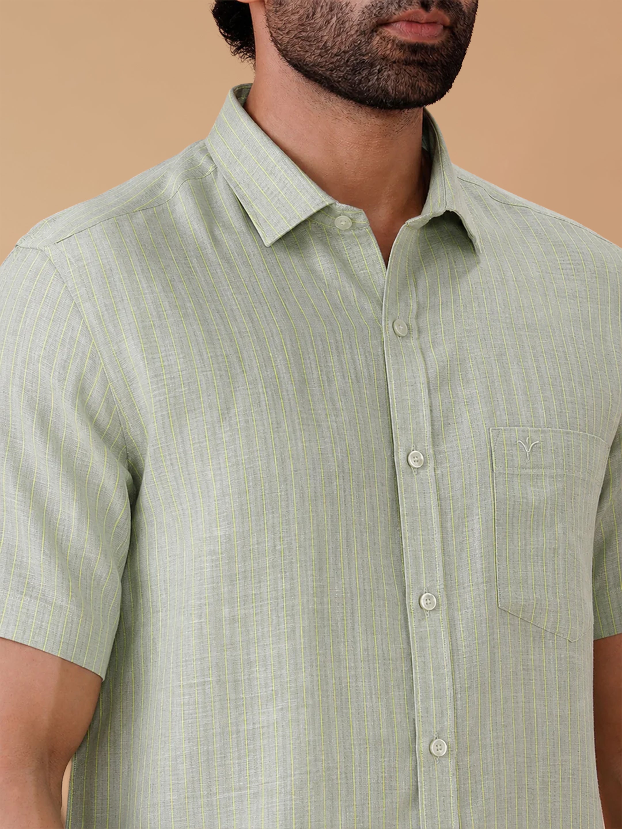Pure Linen Yellowish Mist Green Striped Smart Fit Shirt LS34