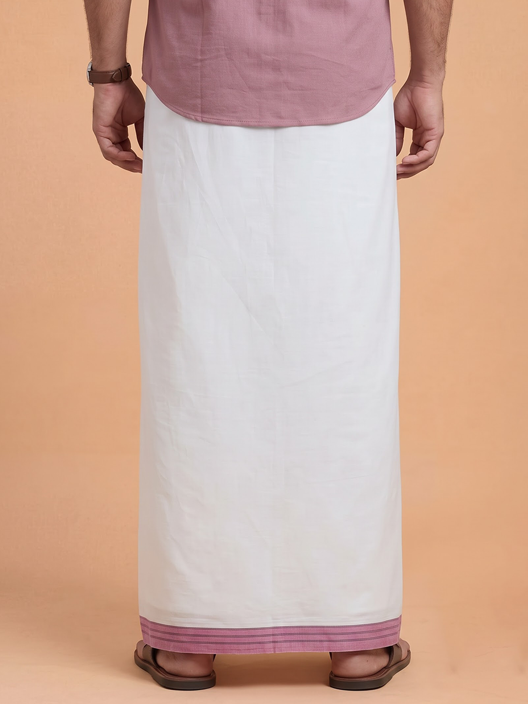 Double Layer 100% Cotton White Dhoti With Colour Jari Border - EJF34