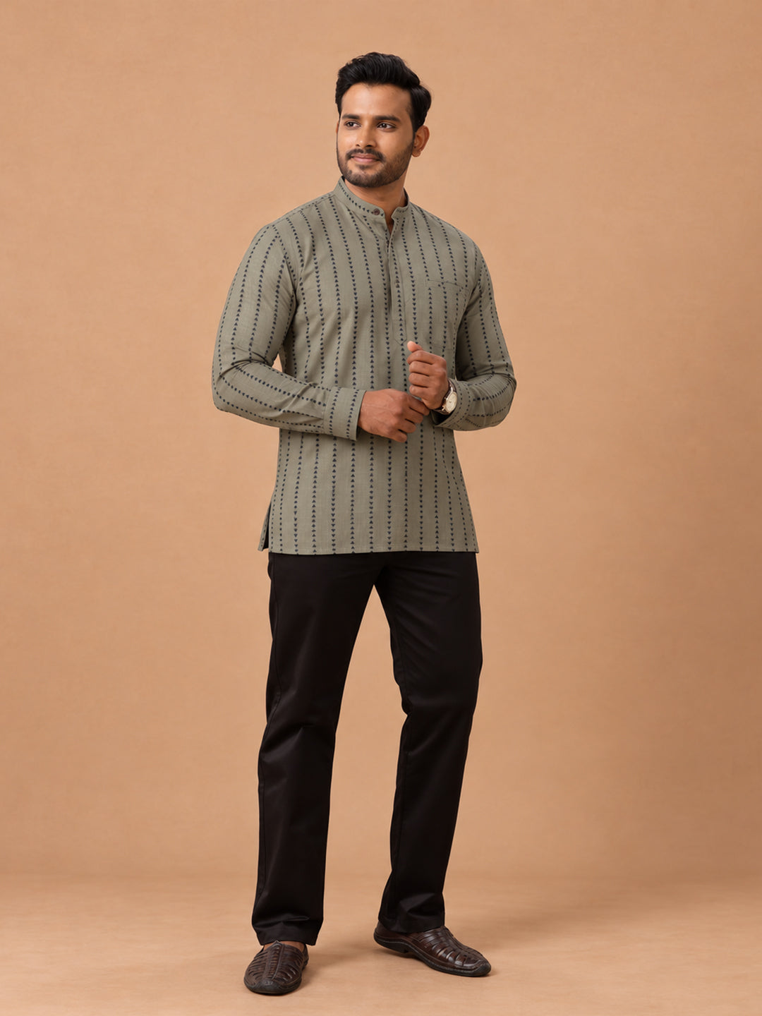 Cotton Short Length Self Design Pocket Kurta Beige Grey RJ48