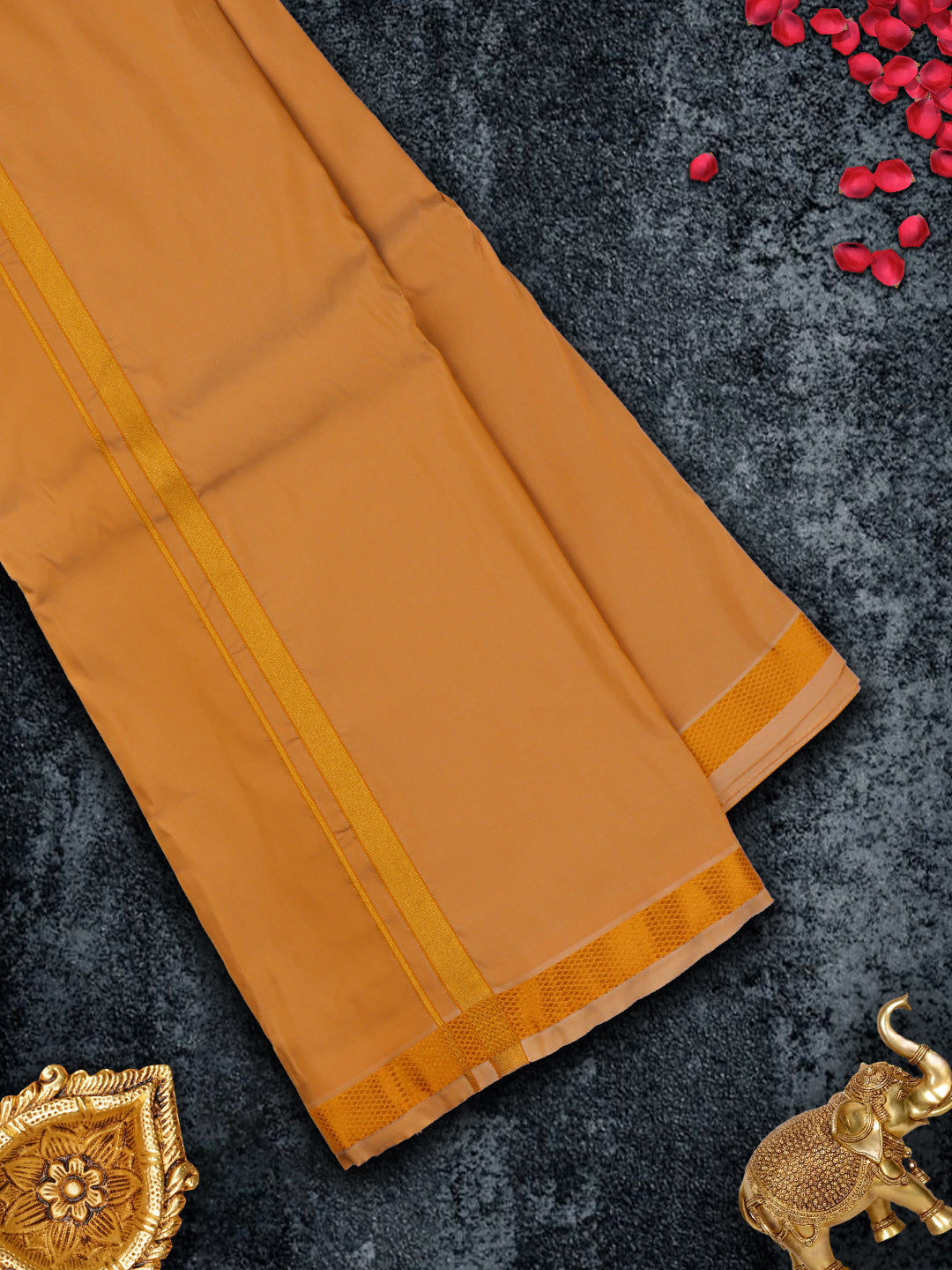 Mens Premium Art Silk Dark Sandal Shirting & Gold Jari Border Panchakacham Set 9+5 Ashirwath-View four