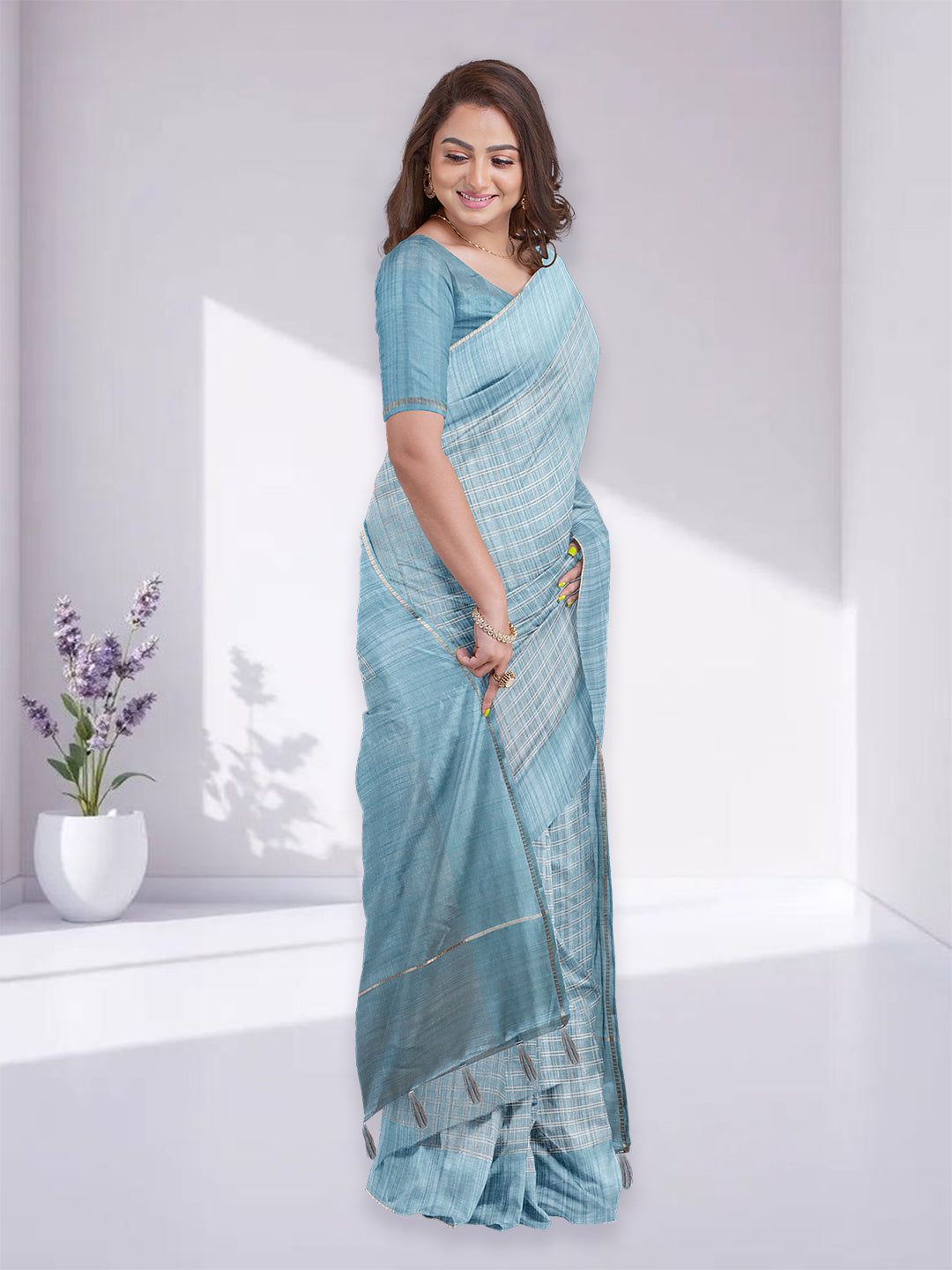 Women Blue Semi Tussar Checks Saree ST272