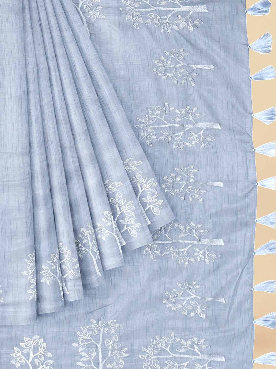 Womens Elegant Semi Tussar Printed Bluish Grey Colour Embroidery Saree ST106
