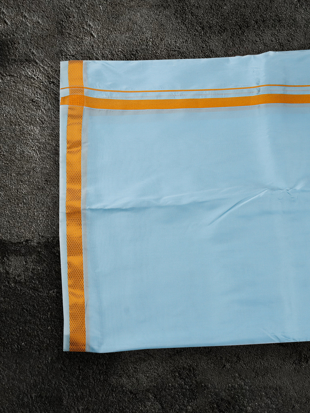 Men Art Silk Sky Blue Shirting & Panchakacham Set with Gold Jari Border 9+5 Ashirwath