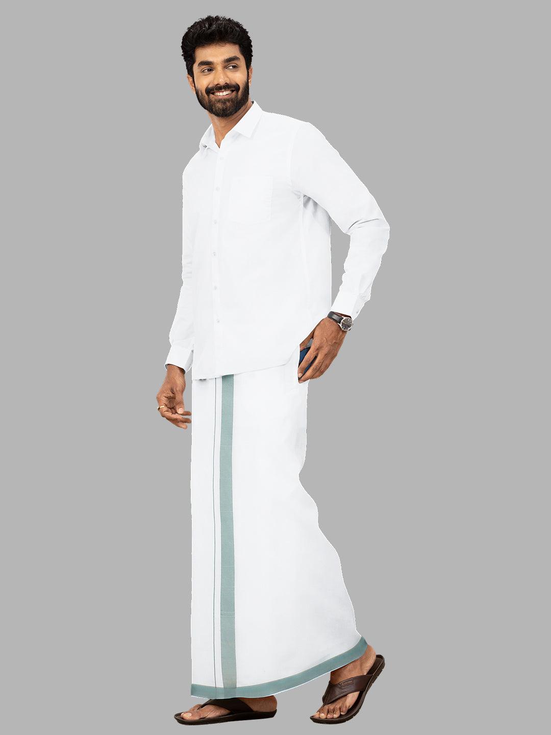 Men LightBlue Border Single Layer Adjustable Pocket Dhoti GACS5