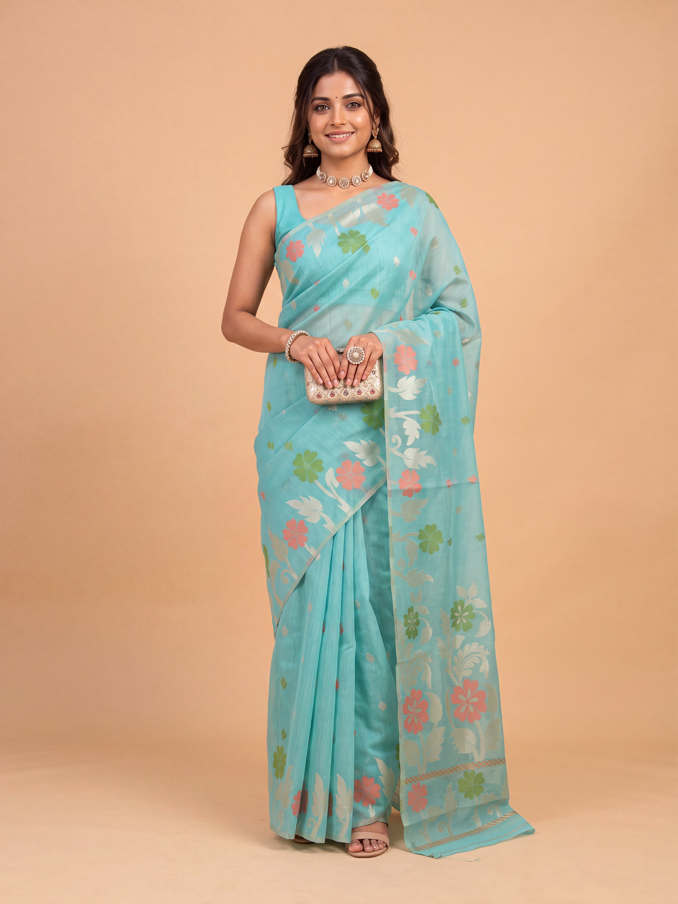 Women Aqua Blue Spun Poly Printed Saree SP10