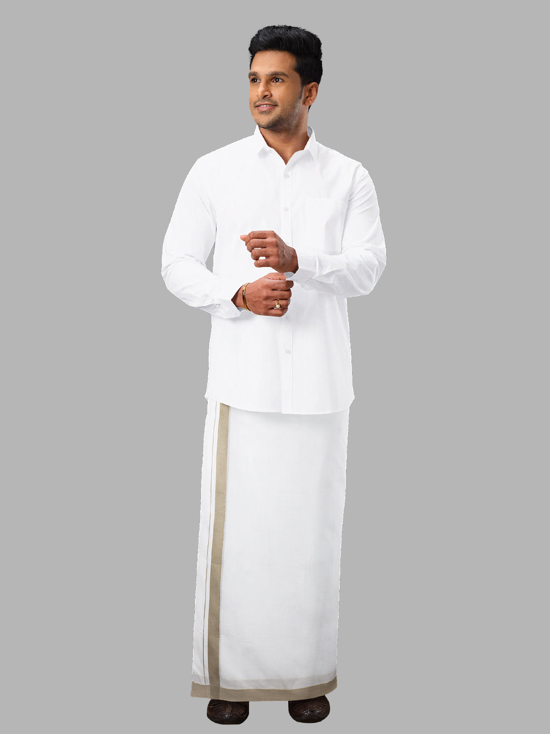 Men Sandal Fancy Border Double Layer White Dhoti SSS02