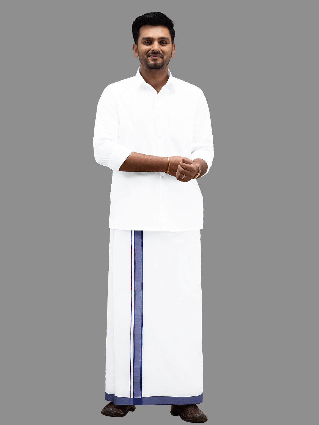 Men Blue Fancy Border Double Dhoti Terra Plain