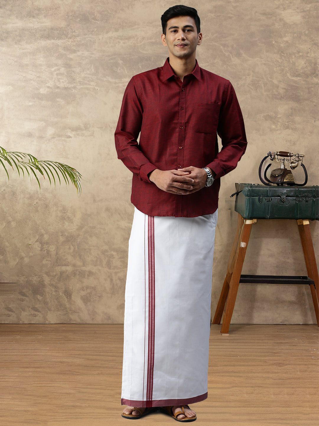 Mens Vetti Vaaram Matching Border Dhoti & Shirt Combo Maroon