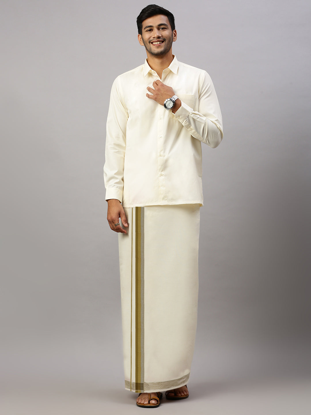 Men Green Jari Fancy Border Kora Dhoti EGJ07