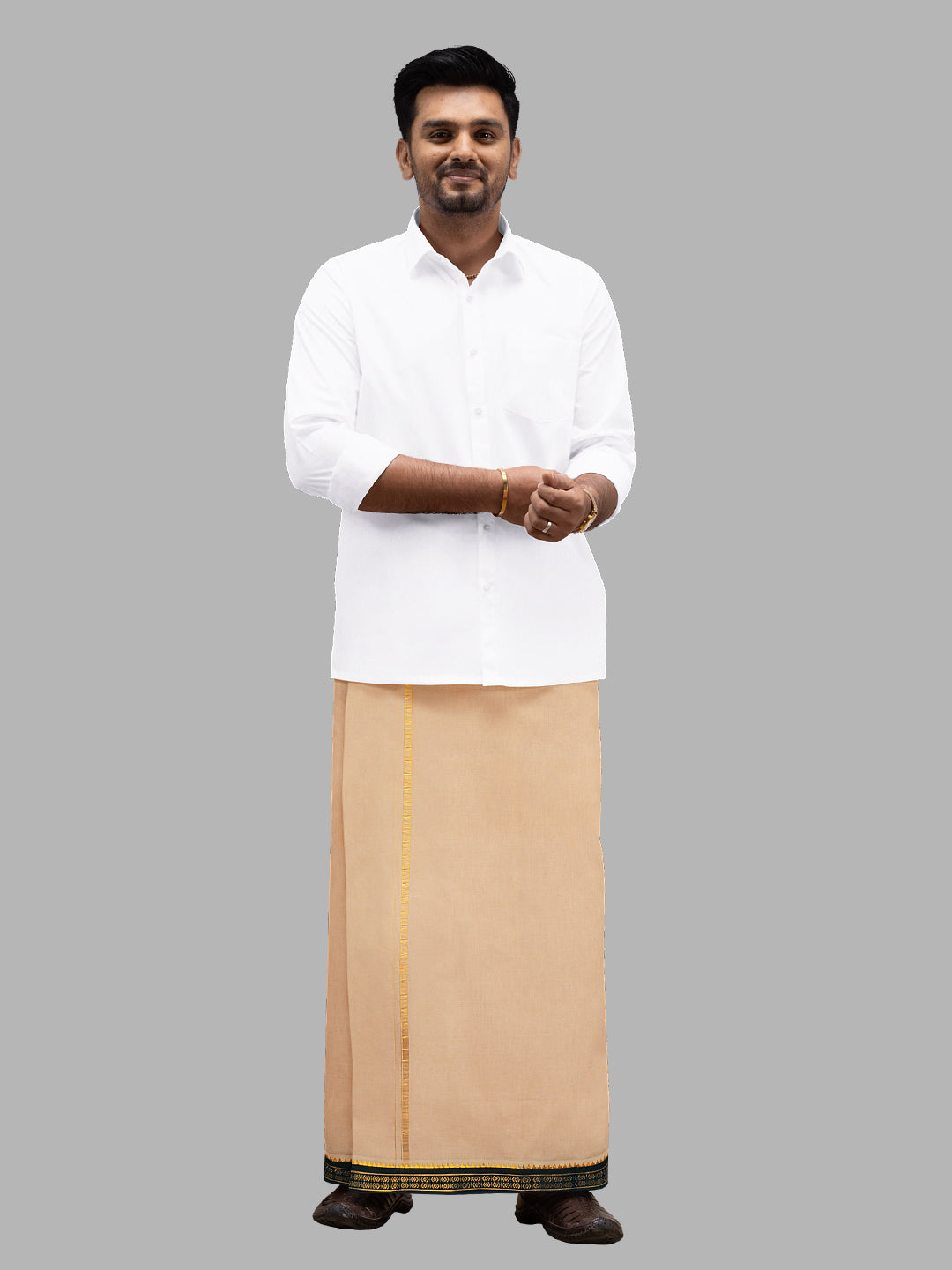 Men Mayilkhan Border Double Layer Devotional Dhoti Light Kaavi