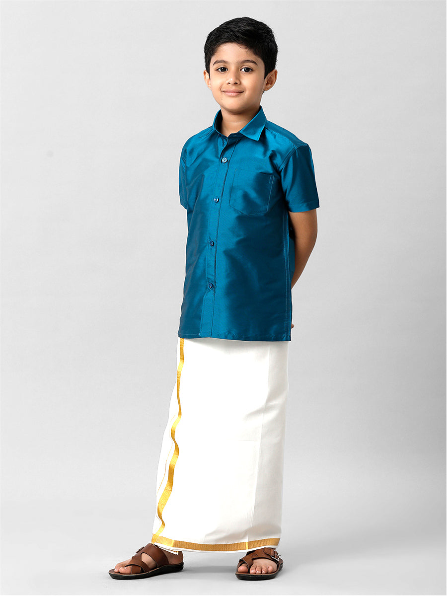 Boys Silk Cotton Light Blue Half Sleeves Shirt K1-Full view