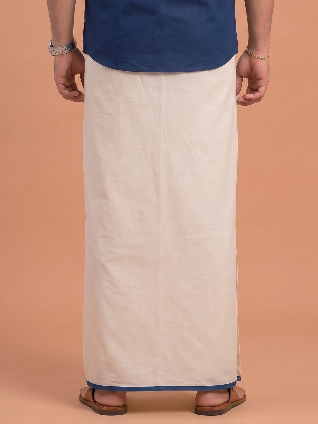 Double Layer 100% Cotton Cream Kora Dhoti with Colour Border - BJK03