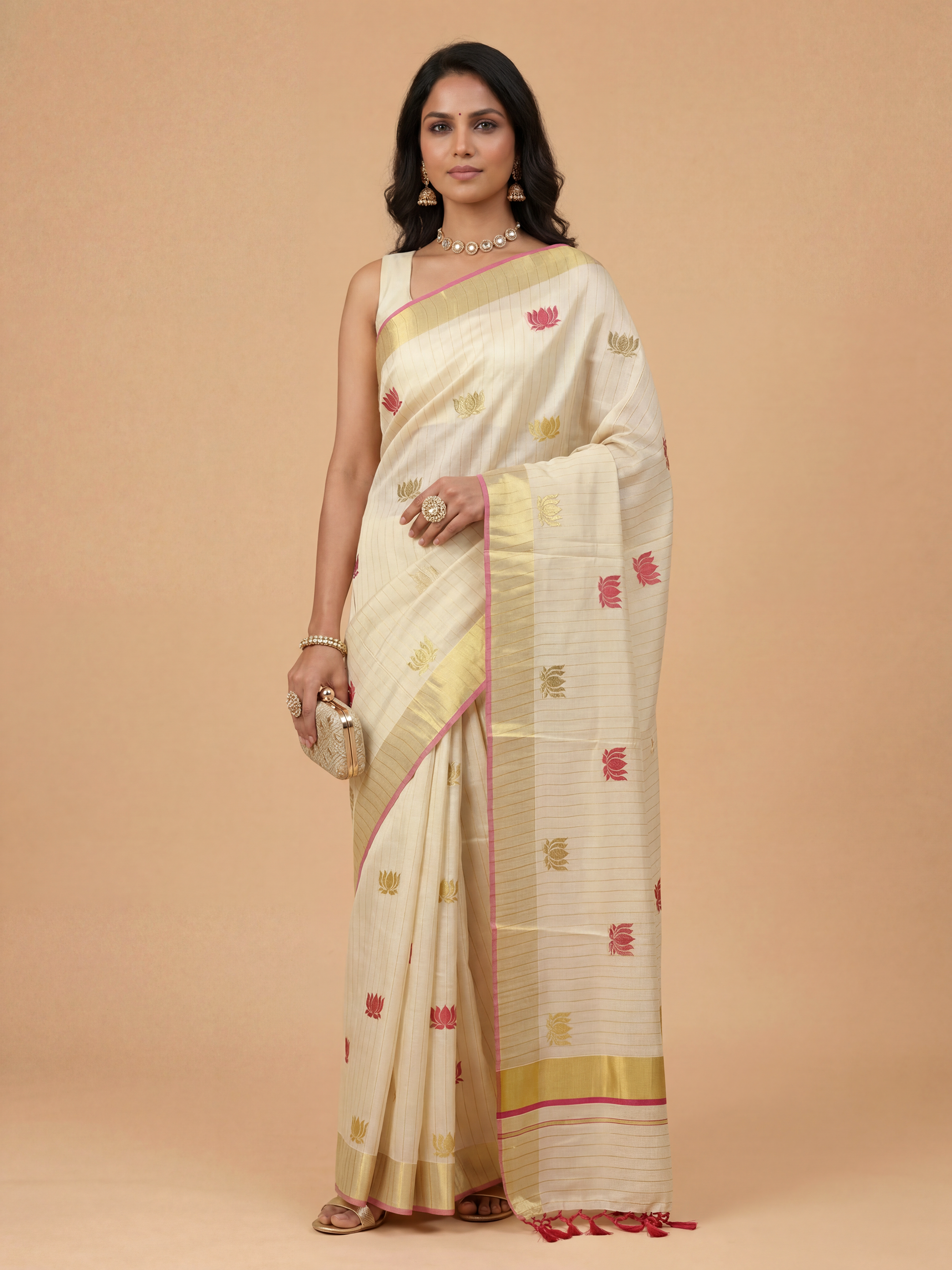 Women Tissue Cream Embroidered Kerala Saree KLS22