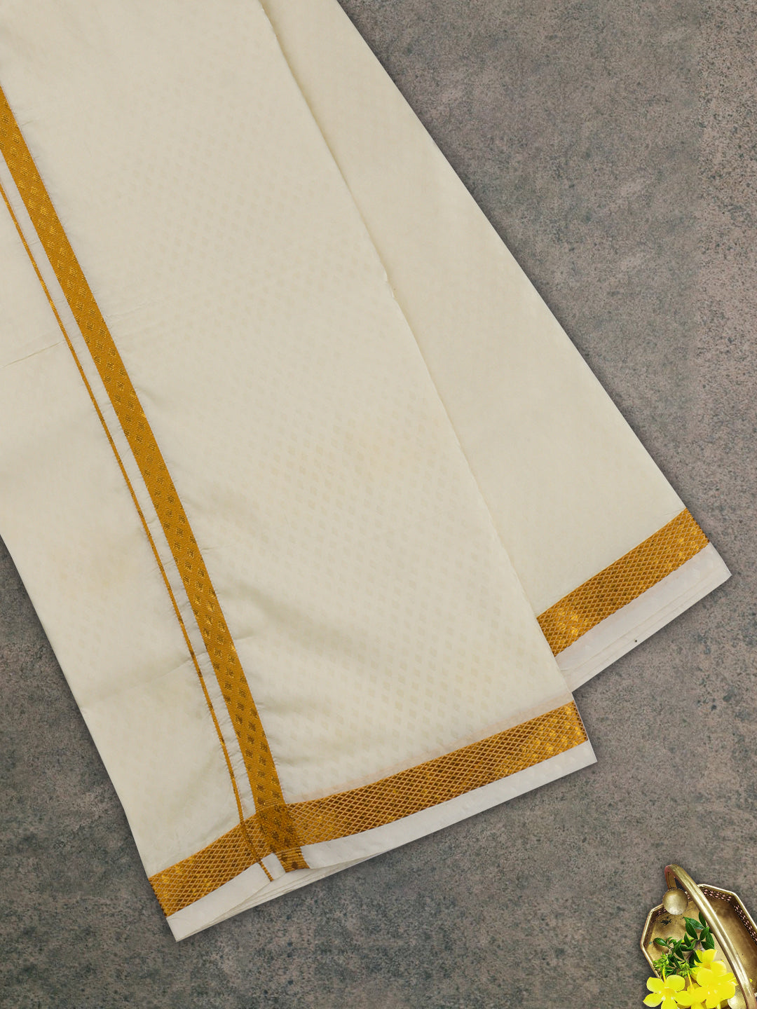 Men Gold Border Double Dhoti & Towel Set Ishwaryam Embose