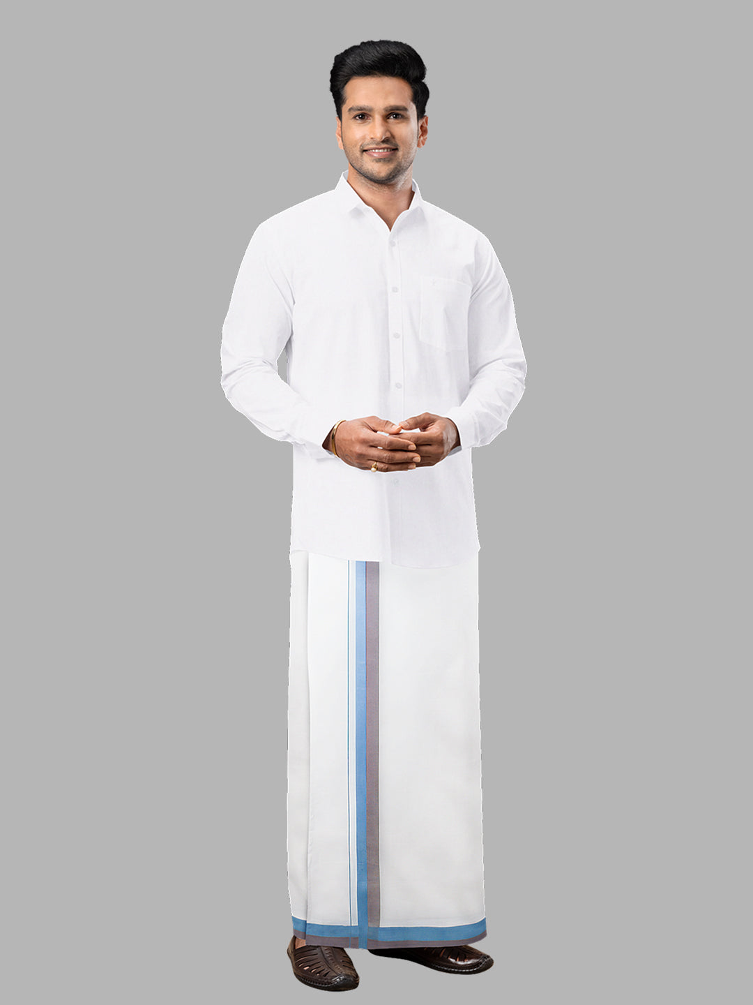 Men Blue Fancy Border Double Layer White Dhoti PMF2