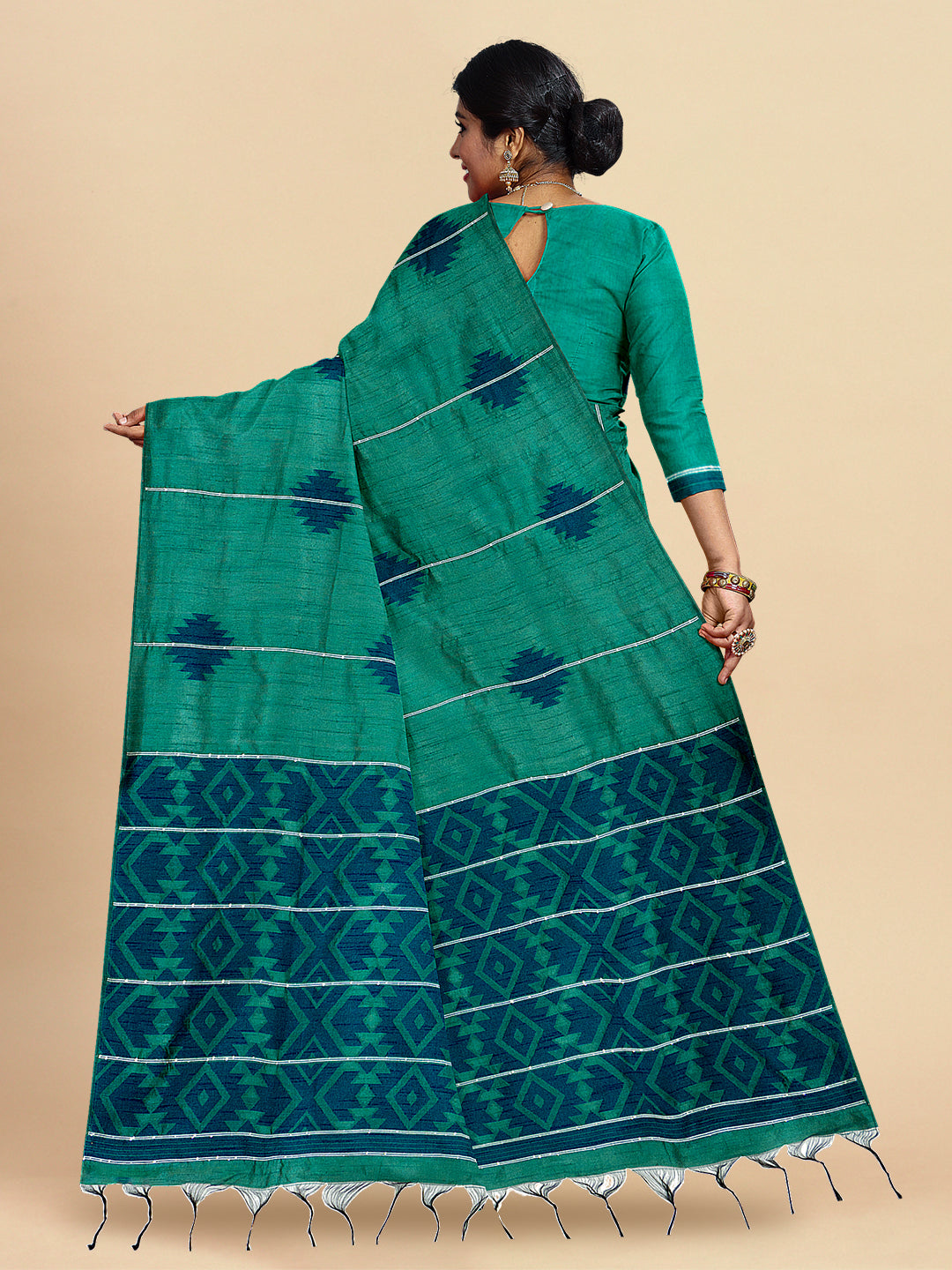 Womens Elegant  Semi Tussar Weaving Green with Navy Colour  With Embroidery Saree ST111