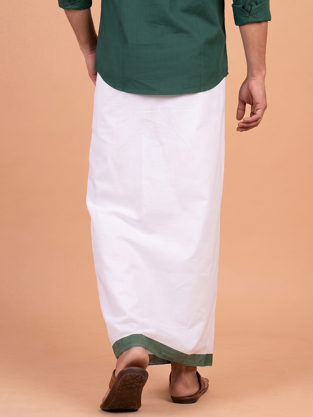 Double Layer Cotton Blend White Dhoti With Green Fancy Border TF19