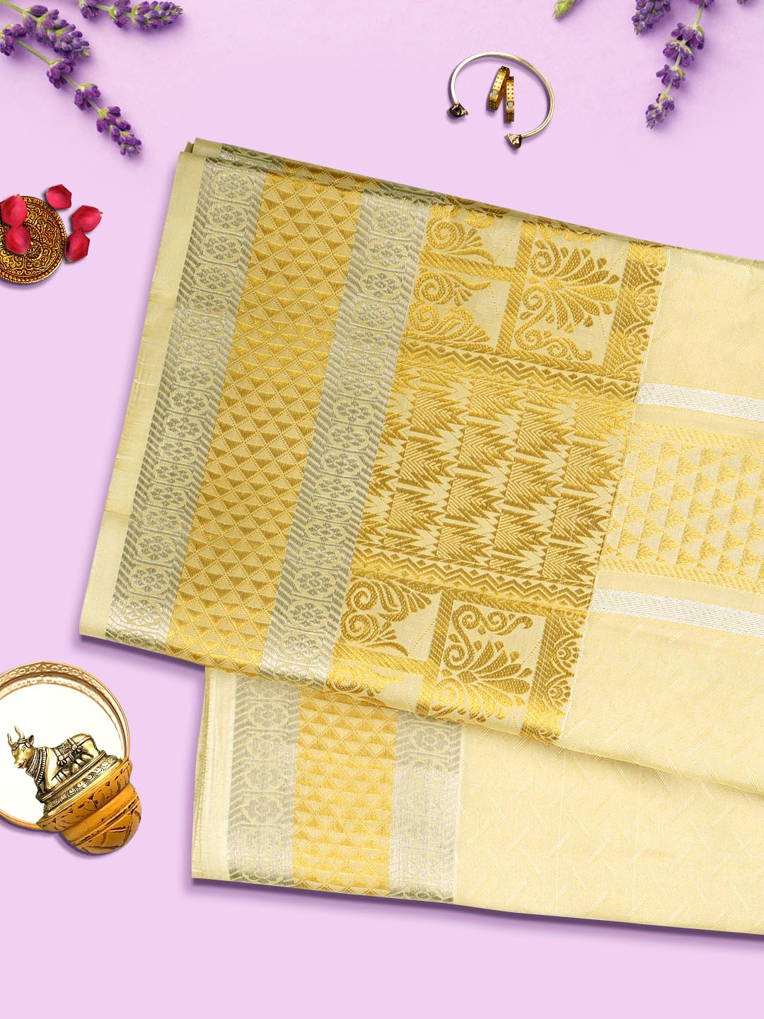 Pure Silk Dark Cream Colour 4" Gold Jari Border Dhoti With Towel Thirukalyan-View three