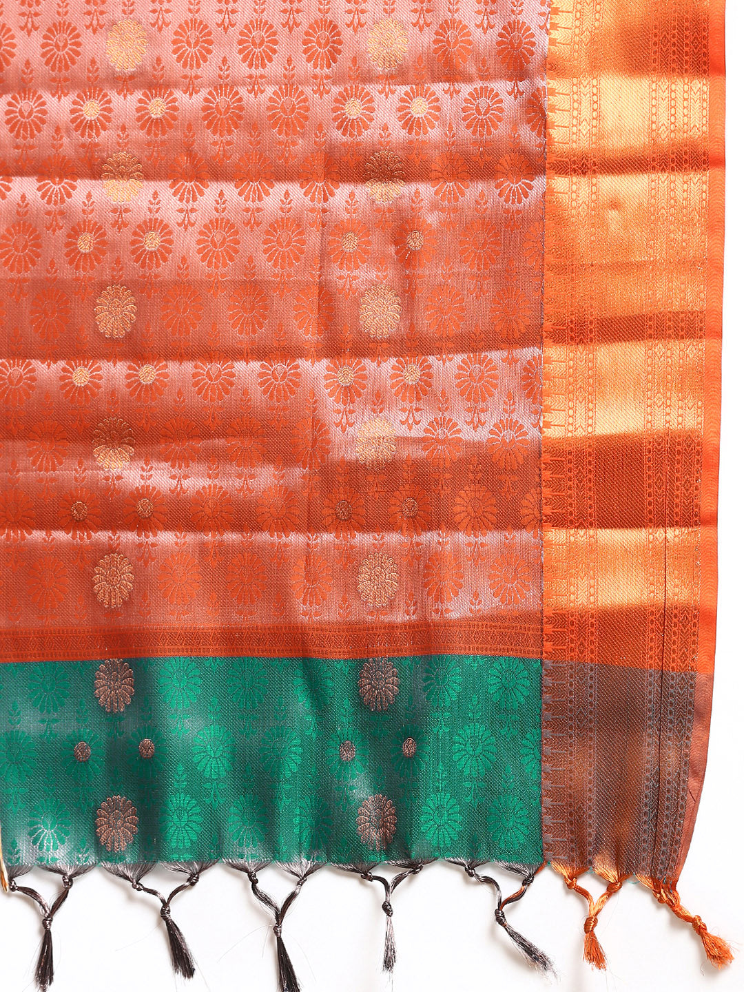 Womens Semi Silk Checked All Over Design Green & Copper Jari Border Saree AS04-Zari view