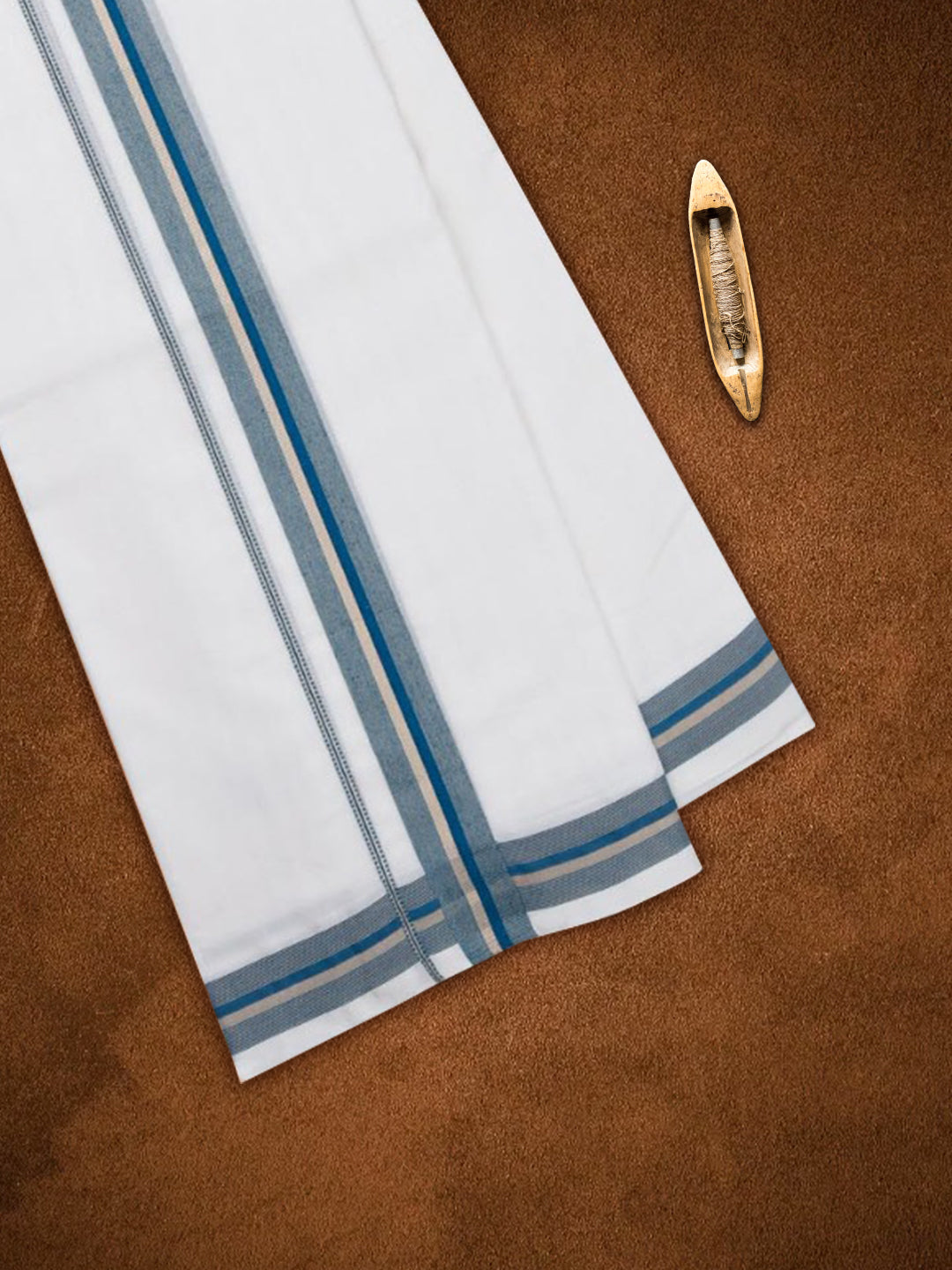Mens Premium Handloom White Double Dhoti with Blue Fancy Border HLM4206