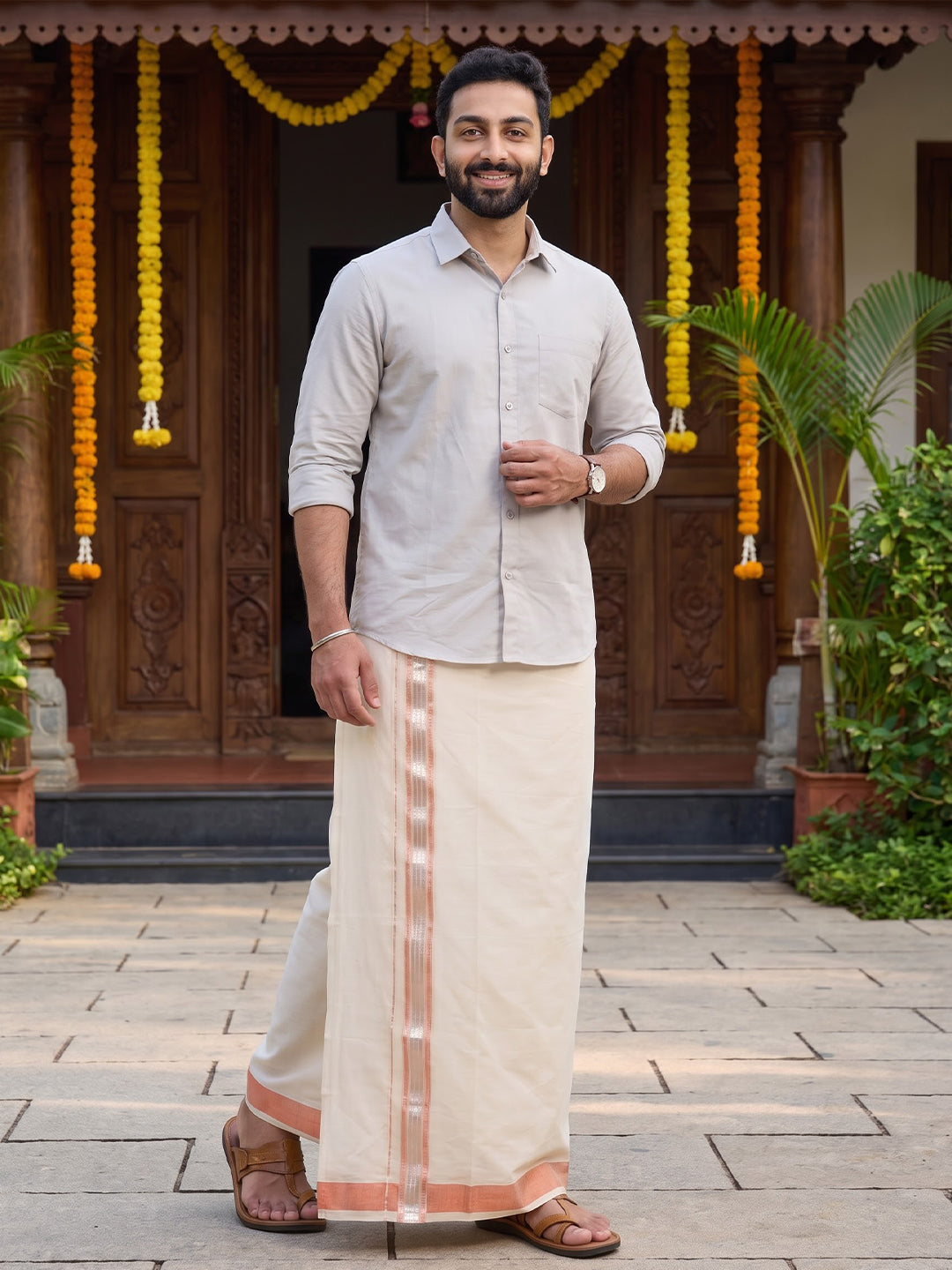 Double Layer Cotton Cream Kora Dhoti with Fancy Jari Border - ECF01