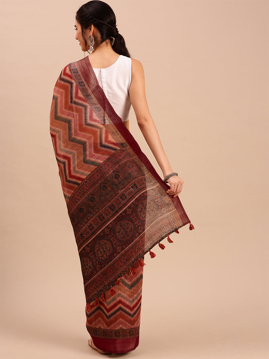 Womens Green with Brown Semi Tussar Printed Saree STP08-Back view