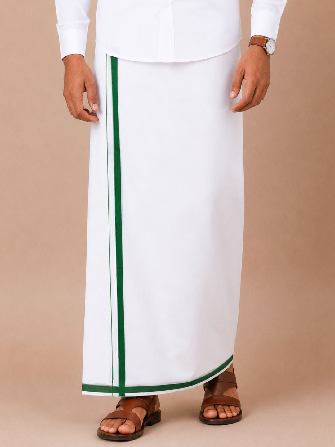 Double Layer 100% Cotton White Dhoti with Big Border - Wisdom WB02