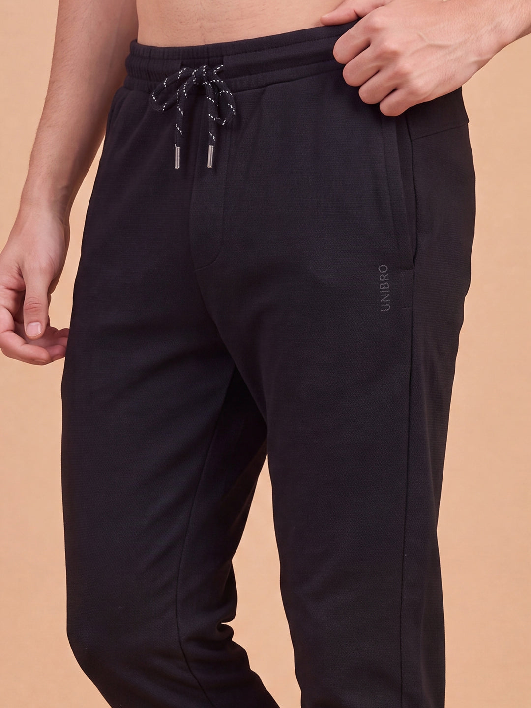 Cotton Rich Popcorn Structured Fabric Black Track Pants PTK5
