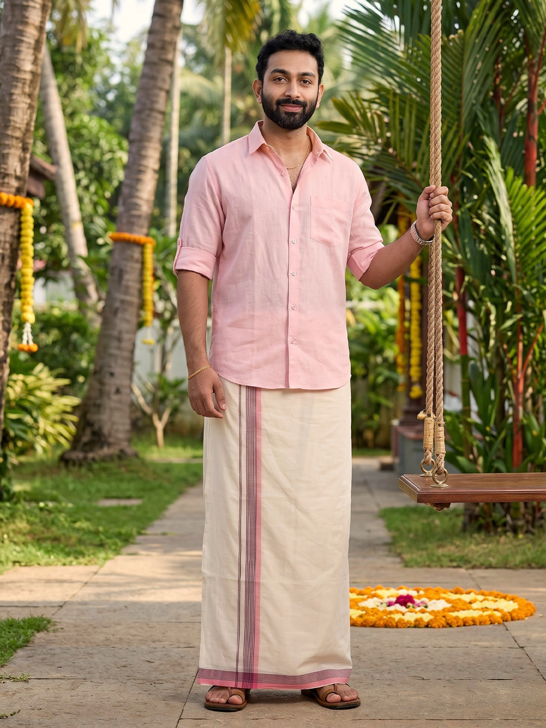 Double Layer 100% Cotton Cream Kora Dhoti with Colour Border - RKF07