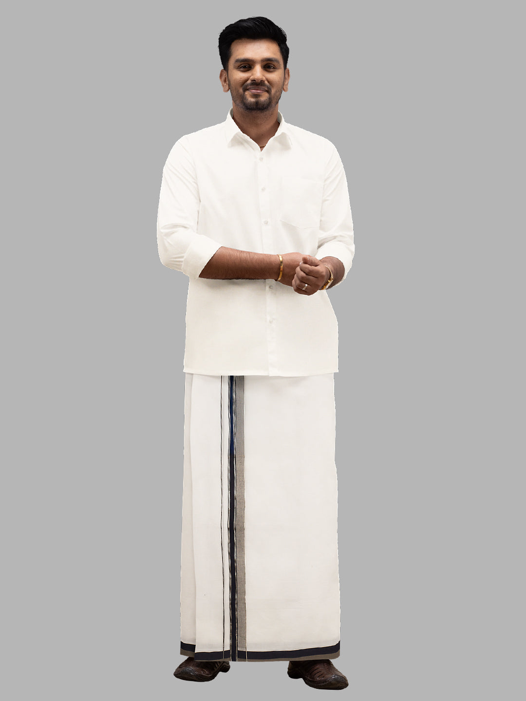 Men Navy Fancy Jari Border Double Layer White Dhoti PJF2