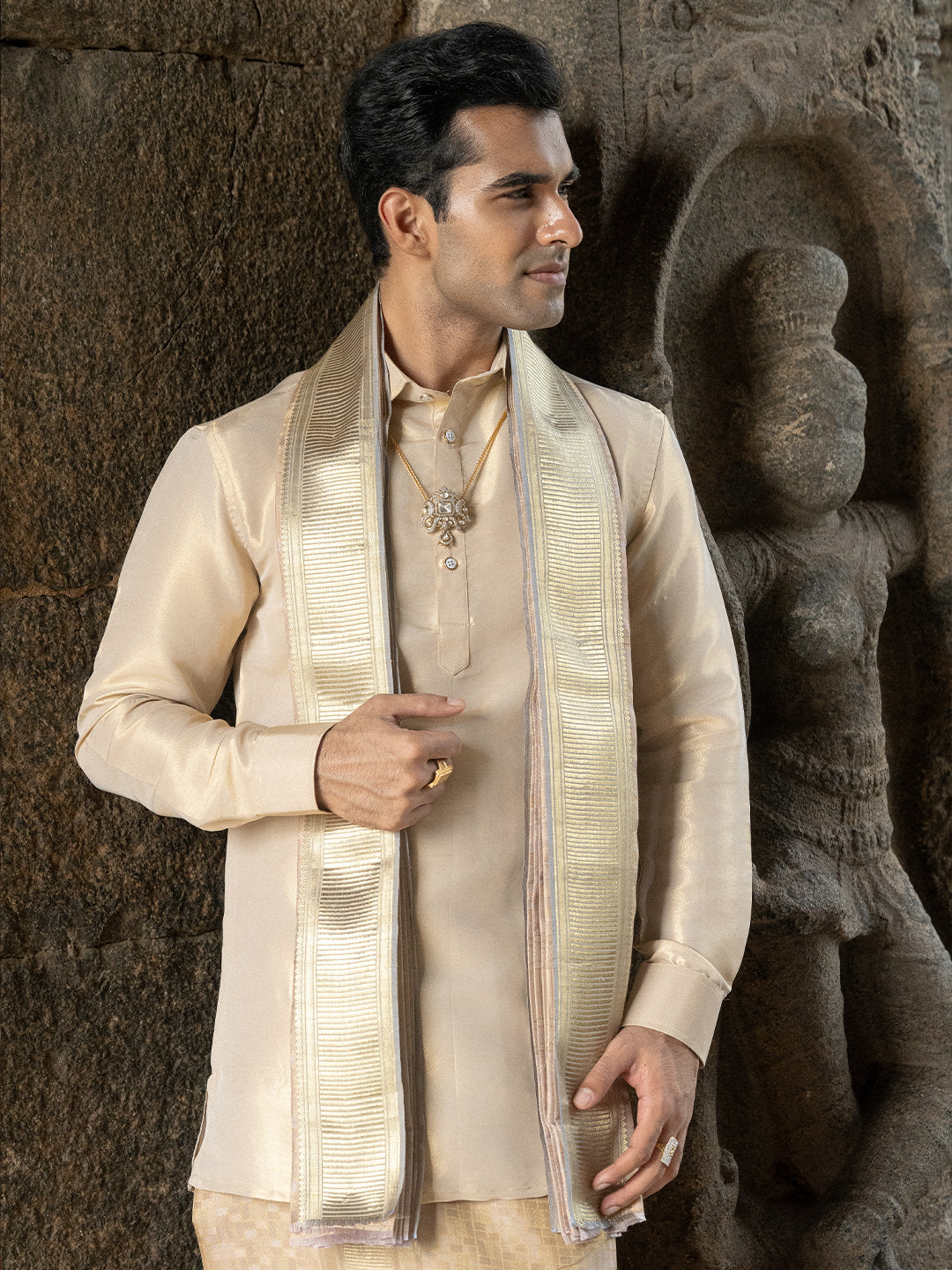 Pure Silk Jangla Design Weaving Wedding Dhoti & Towel Set with 3" Jari Border – Virutcham