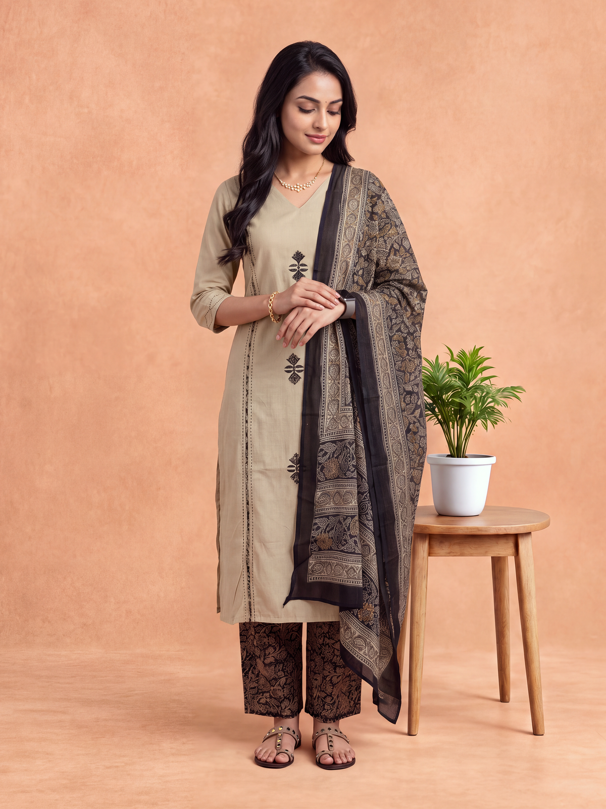 Women Floral Printed Beige Kurti Set EKS157