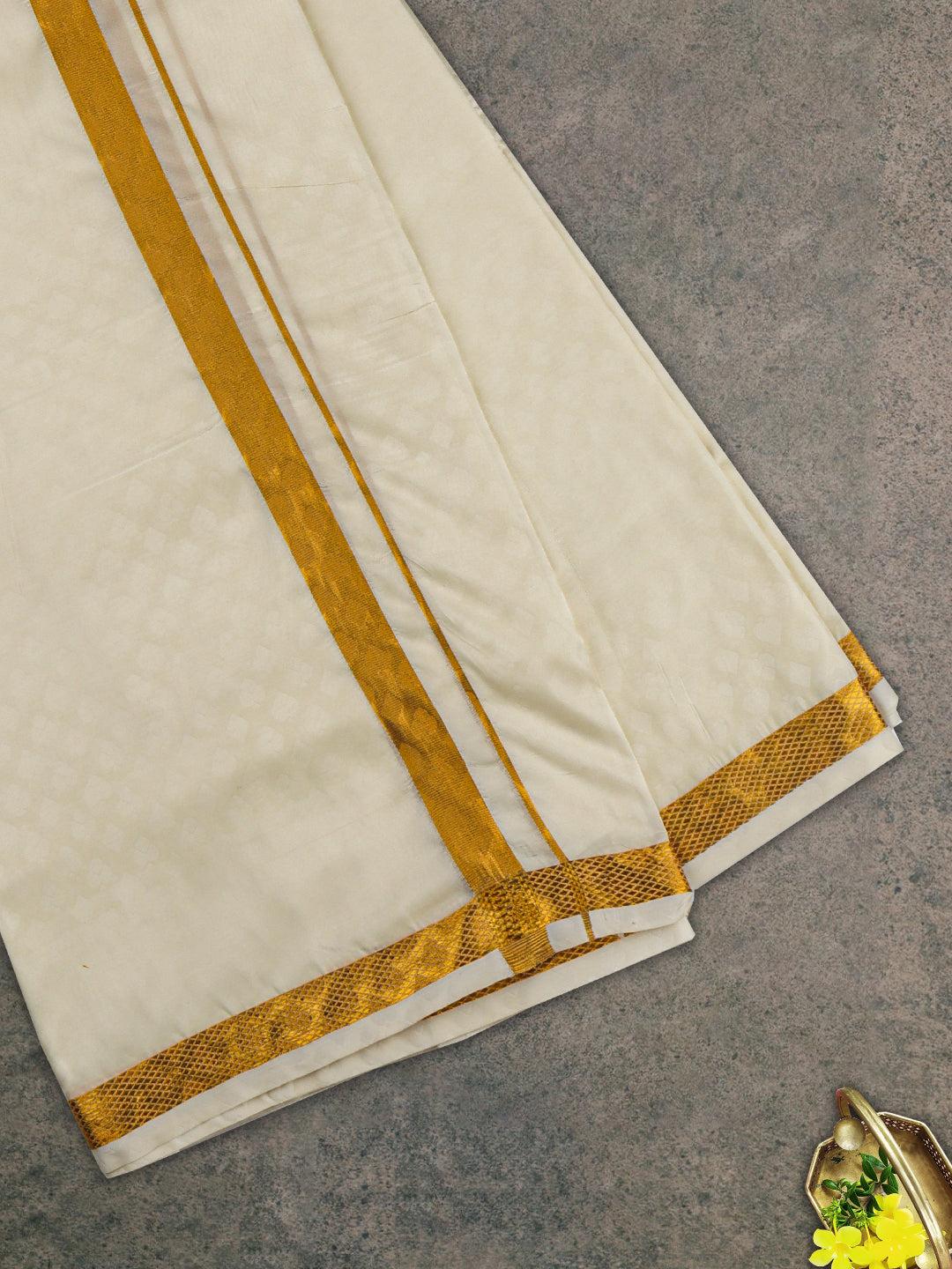 Men Gold Border Double Dhoti & Towel Set Ishwaryam Embose