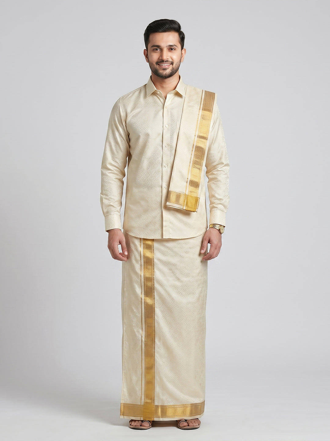 Men Art Silk Cream Self Design Shirt & Dhoti Towel Set Parinayam Grand CRJD4